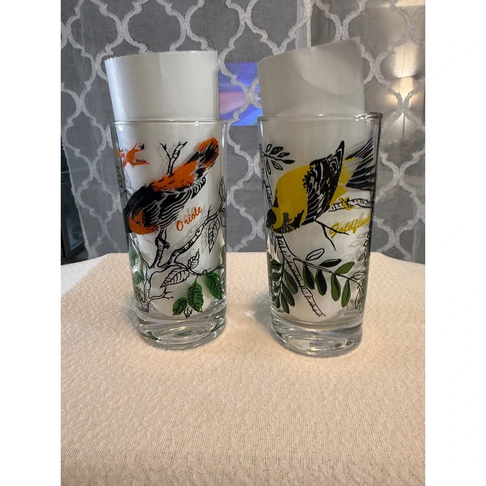 Vintage Bird Drinking Glasses Set of 2 Goldfinch and Oriole Highball Tumblers